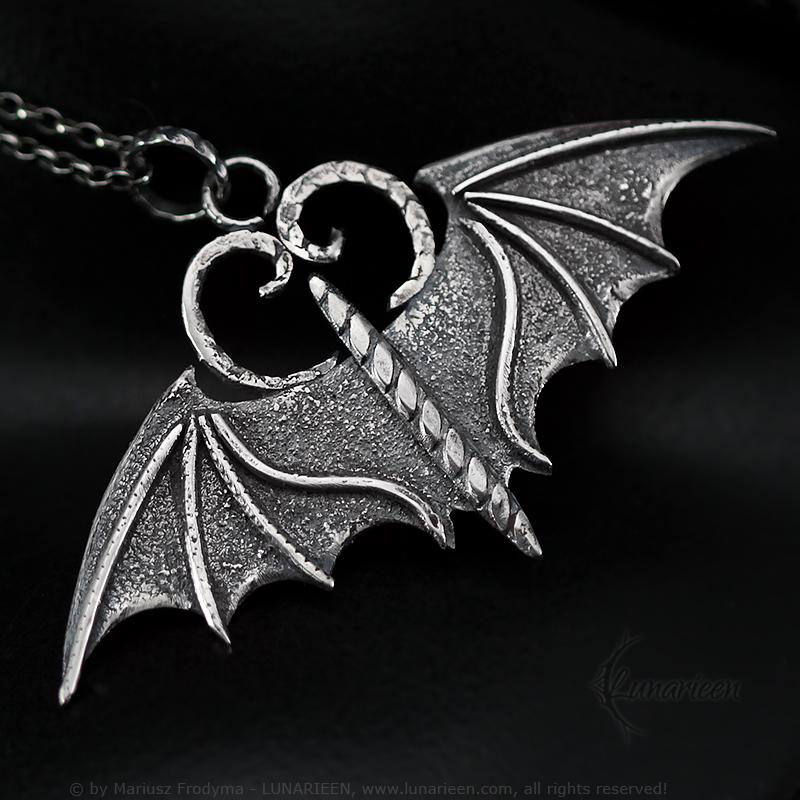 Handcrafted Rustic Textured Oxidized Sterling Silver Gothic Fantasy Bat Wings Vampire Pendant Necklace Unique Gift for Her Him