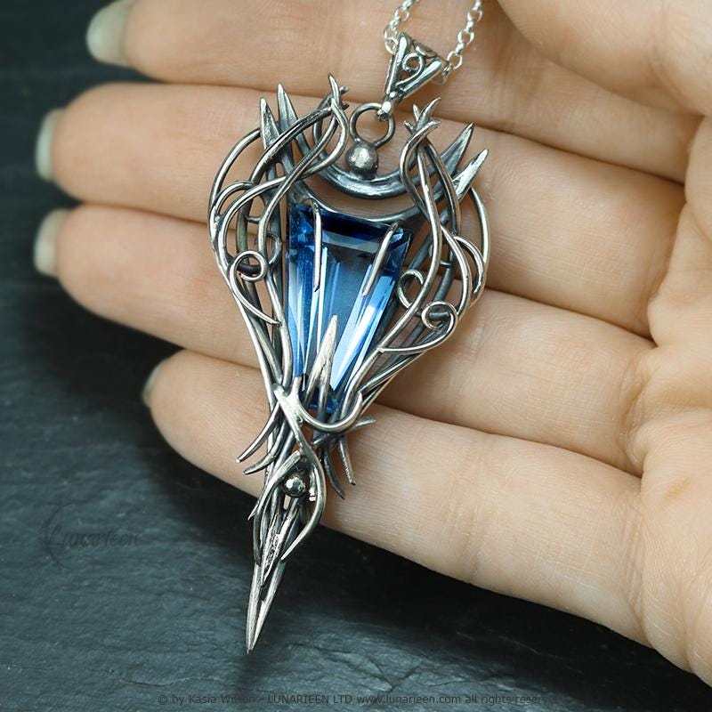 Sterling Silver Vampire Gothic necklace with Blue Topaz Pendant alternative artisan jewellery unique gift fantasy witchy jewelry for vamp