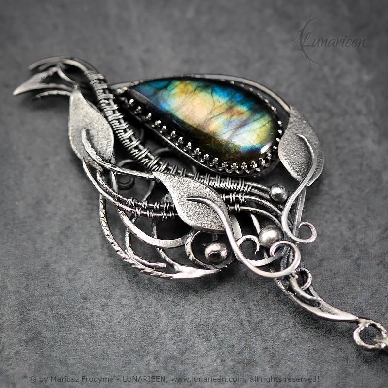 Sterling Silver Wire-Wrapping Ornate Floral Filigree Pendant Necklace Blue Gold Labradorite Leafs Unique Jewelry Gift