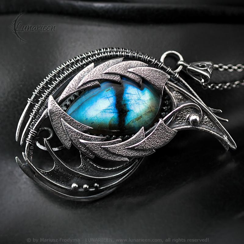 Sterling Silver Wire Wrapped Dragon’s Eye Pendant Necklace Blue Labradorite Gothic Fantasy Dragon Wings Unique Gift Jewellery Jewelry