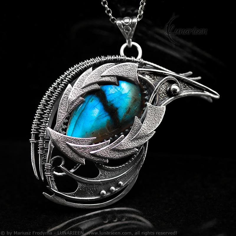 Sterling Silver Wire Wrapped Dragon’s Eye Pendant Necklace Blue Labradorite Gothic Fantasy Dragon Wings Unique Gift Jewellery Jewelry