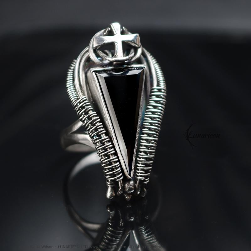 Handcrafted Ring Black Onyx Artisan Jewelry Oxidized Sterling Silver Gothic Witchy Trendy Unique Statement Ring Wire Wrapping Alternative