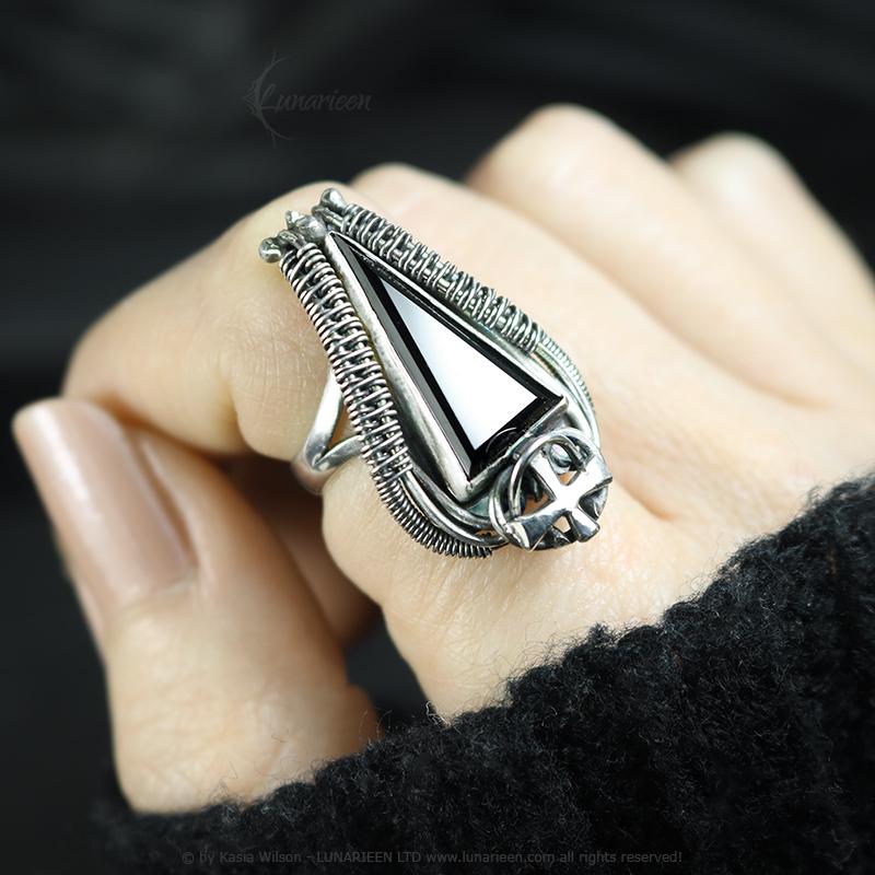 Handcrafted Ring Black Onyx Artisan Jewelry Oxidized Sterling Silver Gothic Witchy Trendy Unique Statement Ring Wire Wrapping Alternative