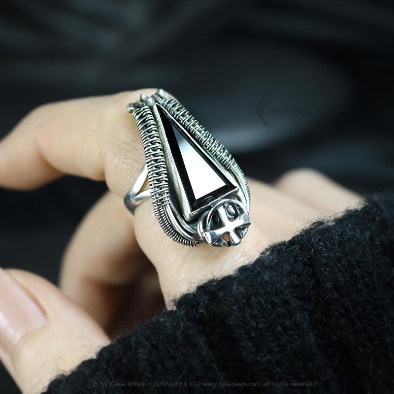 Handcrafted Ring Black Onyx Artisan Jewelry Oxidized Sterling Silver Gothic Witchy Trendy Unique Statement Ring Wire Wrapping Alternative