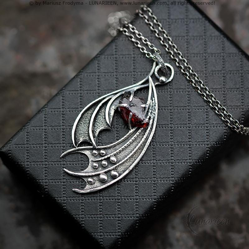 Handcrafted Ornate Textured Sterling Silver Gothic Fantasy Dragon Wings Pendant Necklace Rough Red Garnet Oxidized Fancy Shape Unique Gift