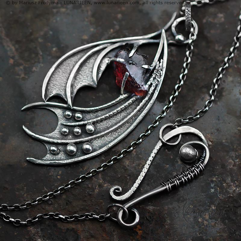 Handcrafted Ornate Textured Sterling Silver Gothic Fantasy Dragon Wings Pendant Necklace Rough Red Garnet Oxidized Fancy Shape Unique Gift
