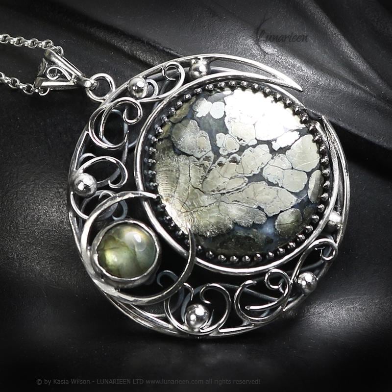 Sterling Silver necklace Crescent Moon Pagan Pendant Marcasite Labradorite jewellery gothic style unique gift fantasy unisex vampire witchy