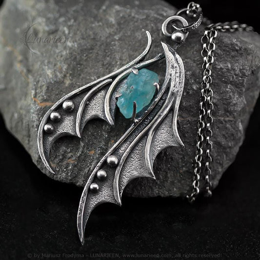 Handcrafted Ornate Textured Sterling Silver Gothic Fantasy Dragon Wings Pendant Necklace Rough Raw Apatite Oxidized Fancy Shape Unique Gift
