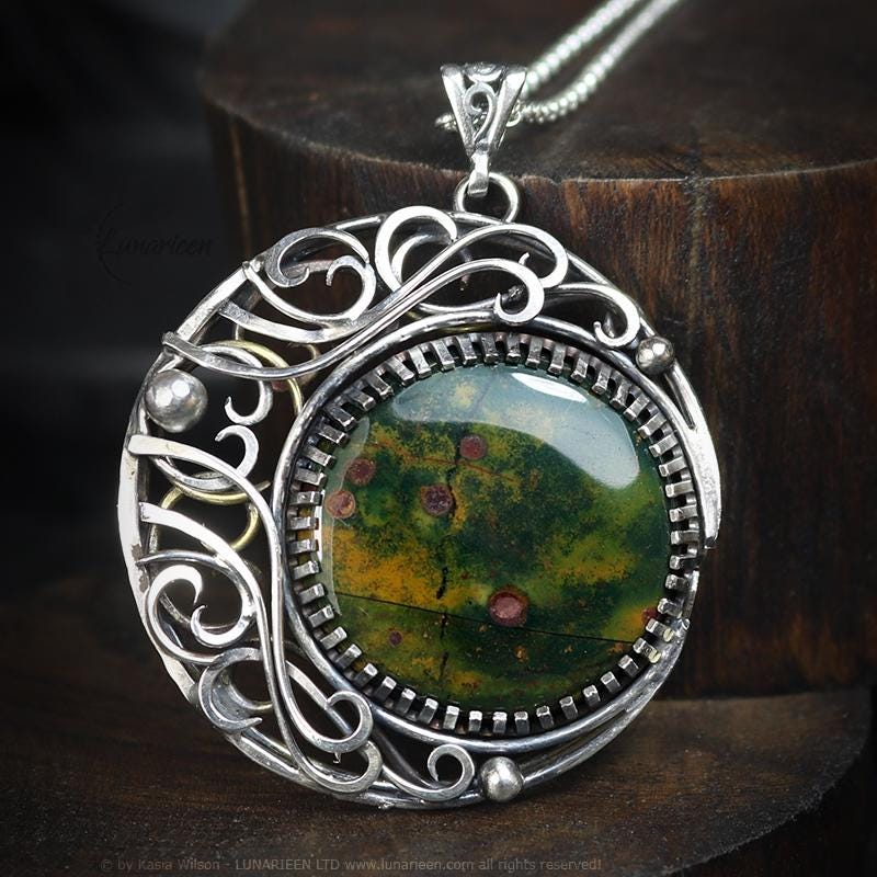 Sterling Silver and Brass Crescent Moon Pagan Pendant Bloodstone jewellery gothic alternative elven unique necklace unisex vampire witchy