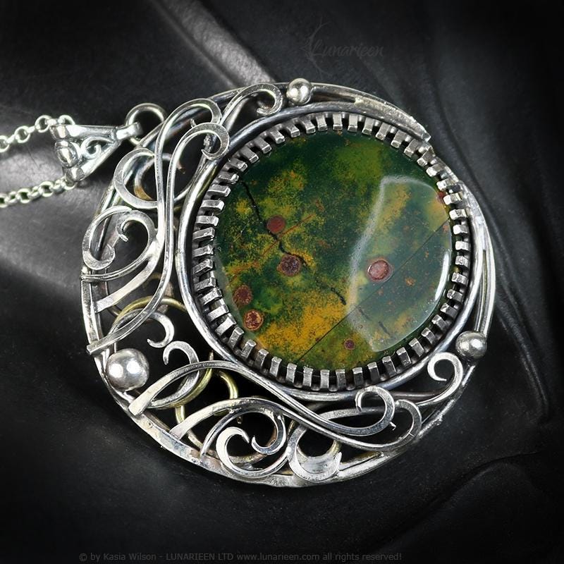 Sterling Silver and Brass Crescent Moon Pagan Pendant Bloodstone jewellery gothic alternative elven unique necklace unisex vampire witchy