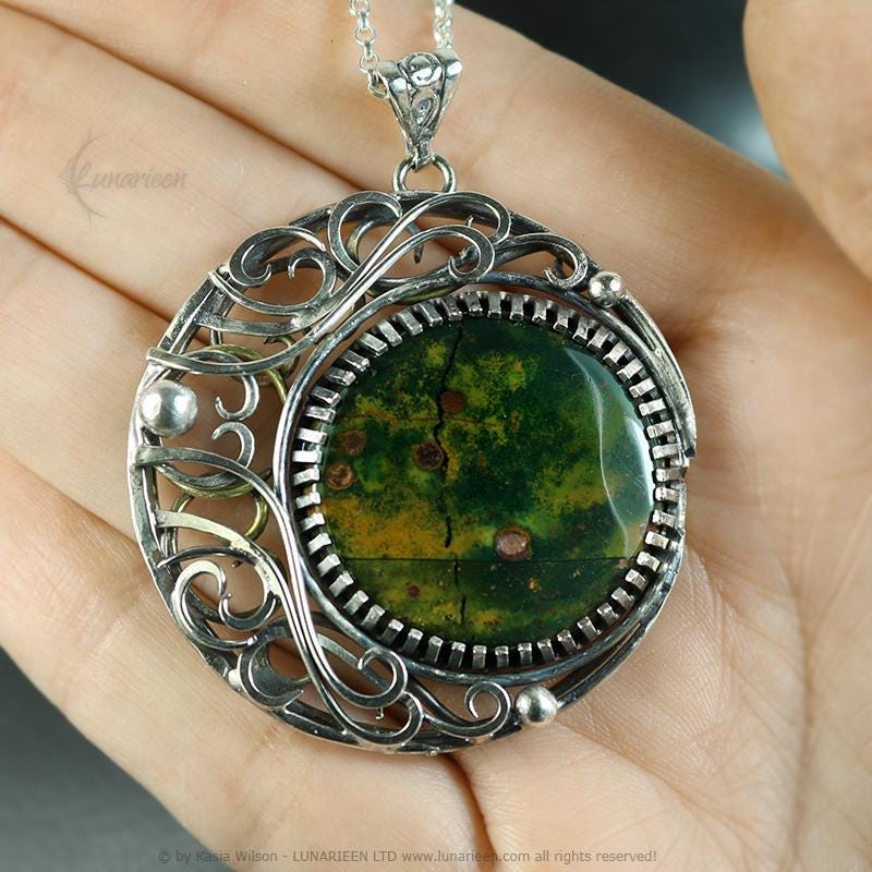 Sterling Silver and Brass Crescent Moon Pagan Pendant Bloodstone jewellery gothic alternative elven unique necklace unisex vampire witchy