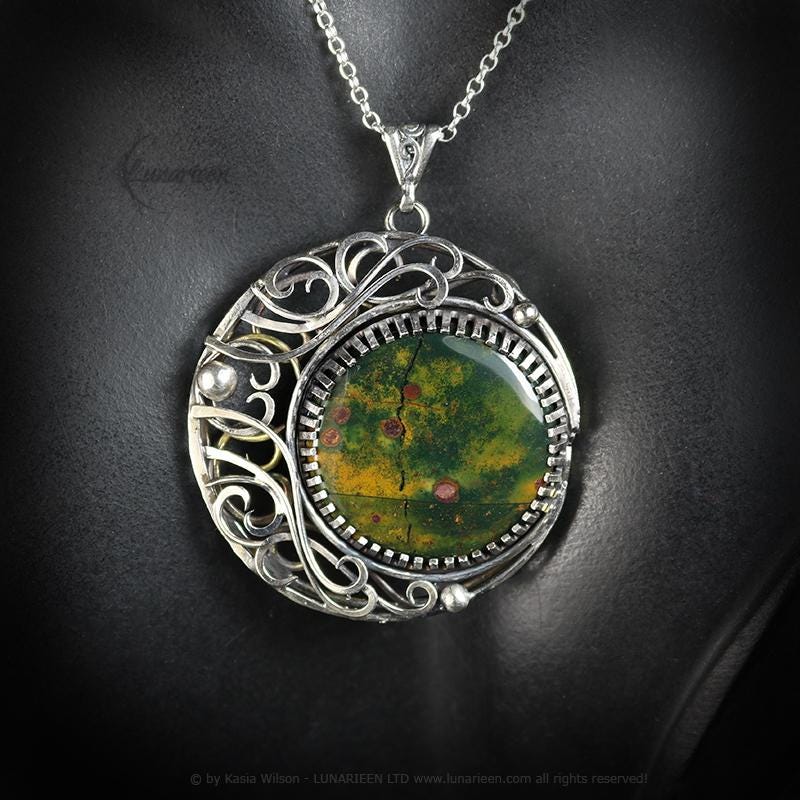 Sterling Silver and Brass Crescent Moon Pagan Pendant Bloodstone jewellery gothic alternative elven unique necklace unisex vampire witchy