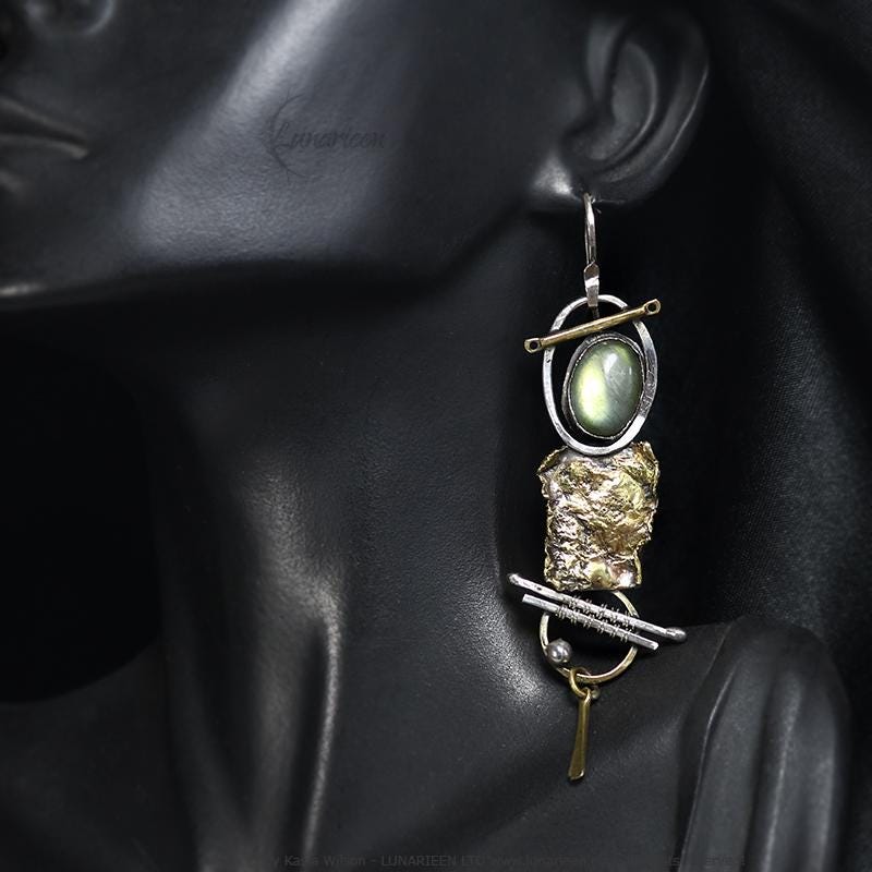 Sterling Silver and Brass Labradorite Long Earrings Brutalist style jewelry witchy modern artisan unique Reticulated Textured jewellery