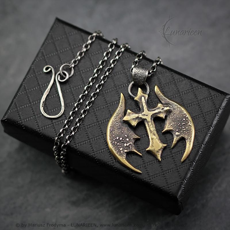 Gothic Brutalist Cross Pendant Handmade Melted Hammered Silver Brass Wings Design Fantasy Statement Jewelry Unisex Unique Necklace Pendant