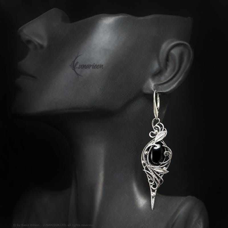 Sterling Silver Black Onyx floral earrings elven fantasy artisan alternative gothic witchy jewellery vampire style jewelry for goth