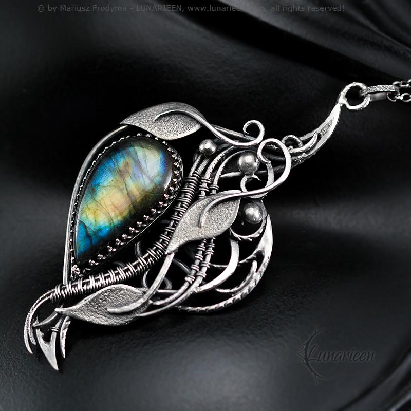 Sterling Silver Wire-Wrapping Ornate Floral Filigree Pendant Necklace Blue Gold Labradorite Leafs Unique Jewelry Gift