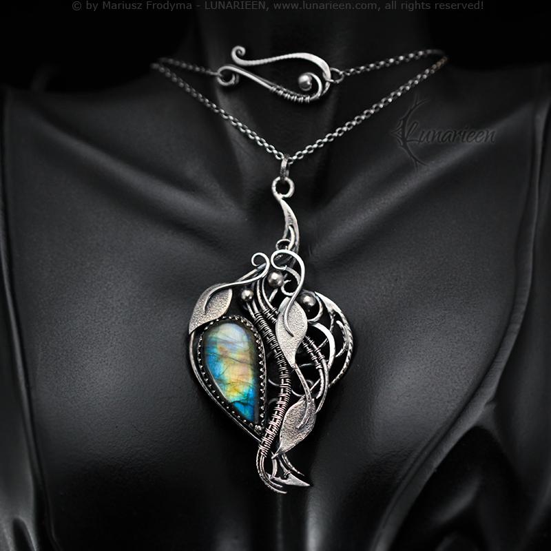 Sterling Silver Wire-Wrapping Ornate Floral Filigree Pendant Necklace Blue Gold Labradorite Leafs Unique Jewelry Gift