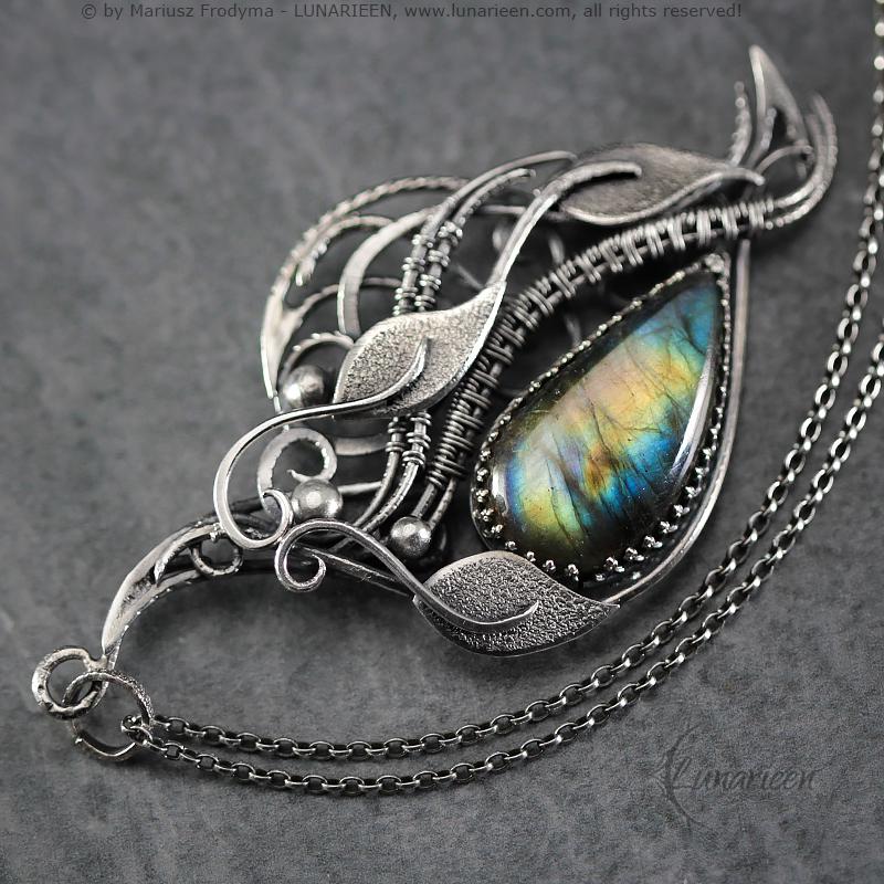 Sterling Silver Wire-Wrapping Ornate Floral Filigree Pendant Necklace Blue Gold Labradorite Leafs Unique Jewelry Gift