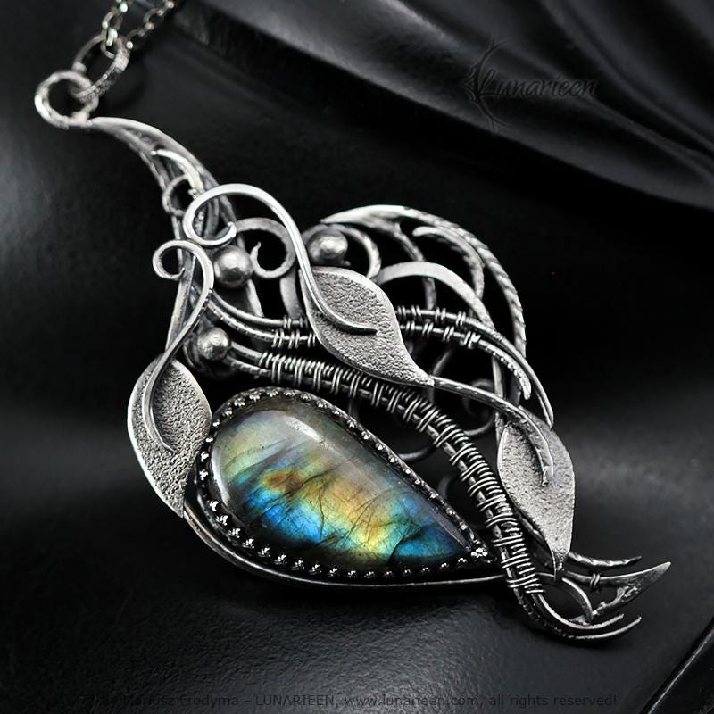 Sterling Silver Wire-Wrapping Ornate Floral Filigree Pendant Necklace Blue Gold Labradorite Leafs Unique Jewelry Gift