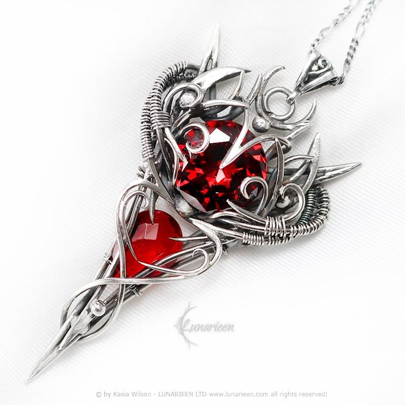 Sterling Silver Wire wrapped pendant gothic alternative jewelry Garnet Red Cubic Zirconia necklace elvish witchy vampire dark elegance