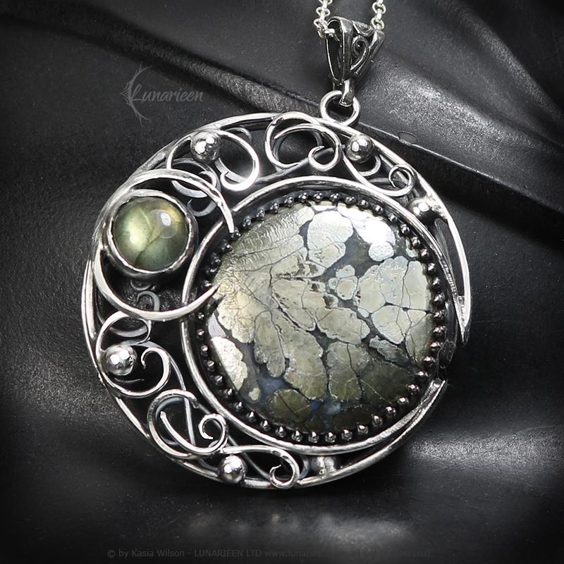 Sterling Silver necklace Crescent Moon Pagan Pendant Marcasite Labradorite jewellery gothic style unique gift fantasy unisex vampire witchy