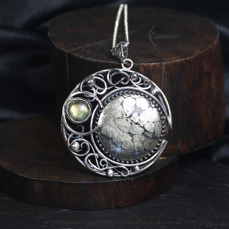 Sterling Silver necklace Crescent Moon Pagan Pendant Marcasite Labradorite jewellery gothic style unique gift fantasy unisex vampire witchy