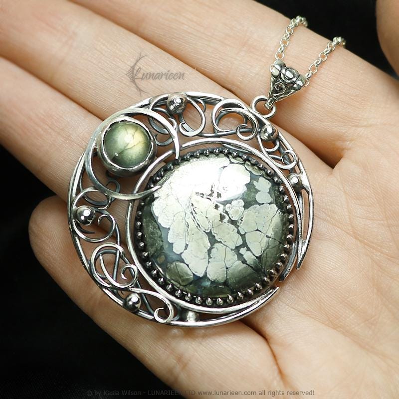 Sterling Silver necklace Crescent Moon Pagan Pendant Marcasite Labradorite jewellery gothic style unique gift fantasy unisex vampire witchy