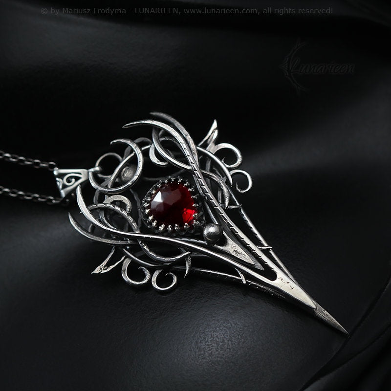 Sterling Silver, Fantasy Gothic style Necklace Pendant, Red Quartz, Vampire Elven Witchy Jewellery Jewelry, Unisex Unique gift