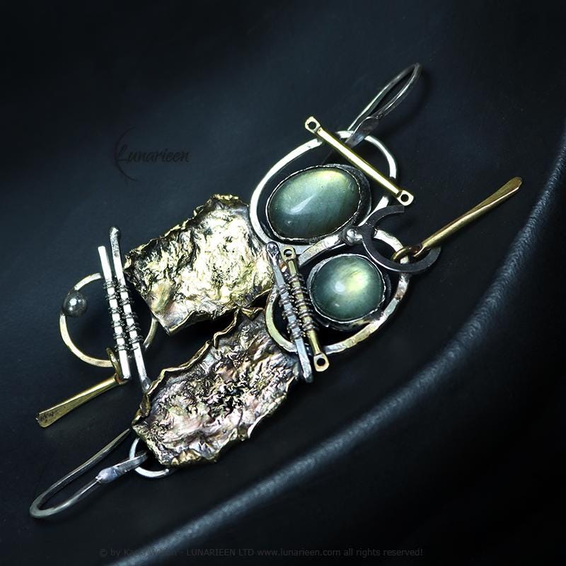 Sterling Silver and Brass Labradorite Long Earrings Brutalist style jewelry witchy modern artisan unique Reticulated Textured jewellery