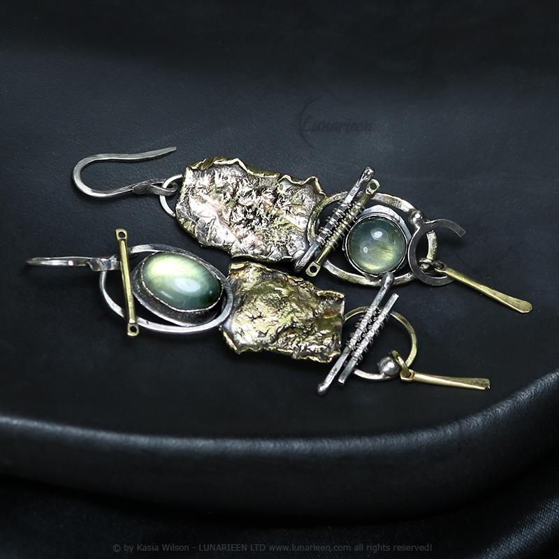 Sterling Silver and Brass Labradorite Long Earrings Brutalist style jewelry witchy modern artisan unique Reticulated Textured jewellery