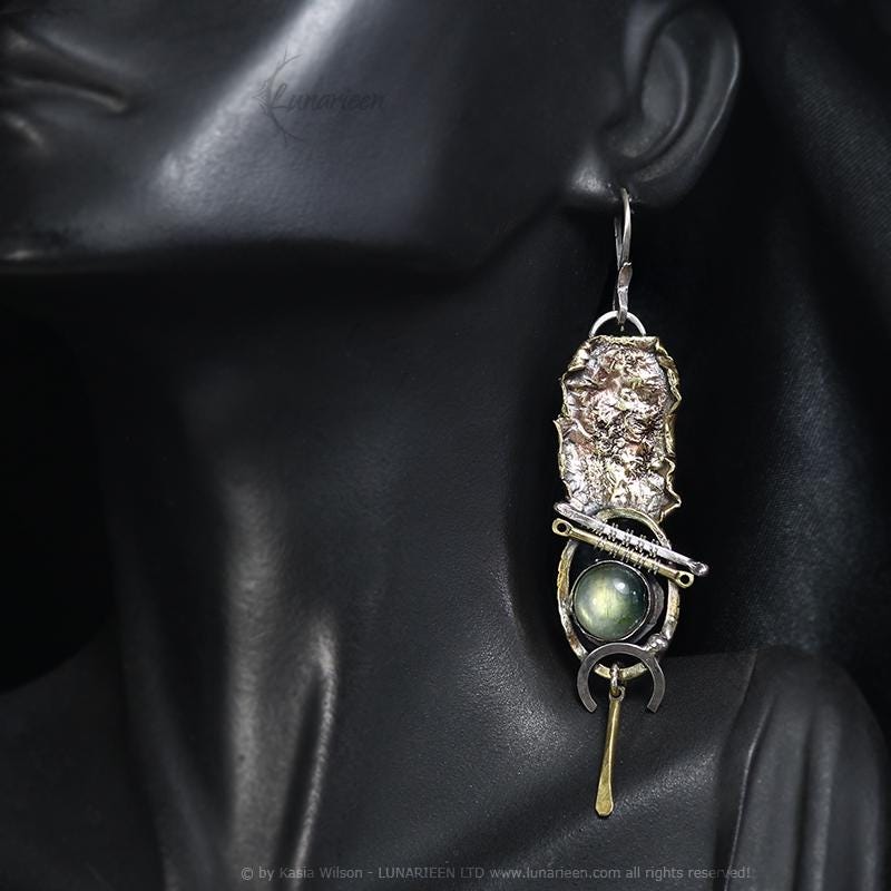 Sterling Silver and Brass Labradorite Long Earrings Brutalist style jewelry witchy modern artisan unique Reticulated Textured jewellery