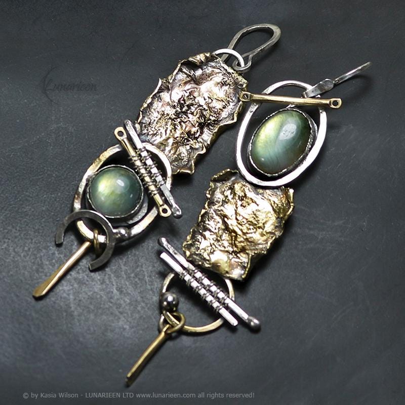 Sterling Silver and Brass Labradorite Long Earrings Brutalist style jewelry witchy modern artisan unique Reticulated Textured jewellery