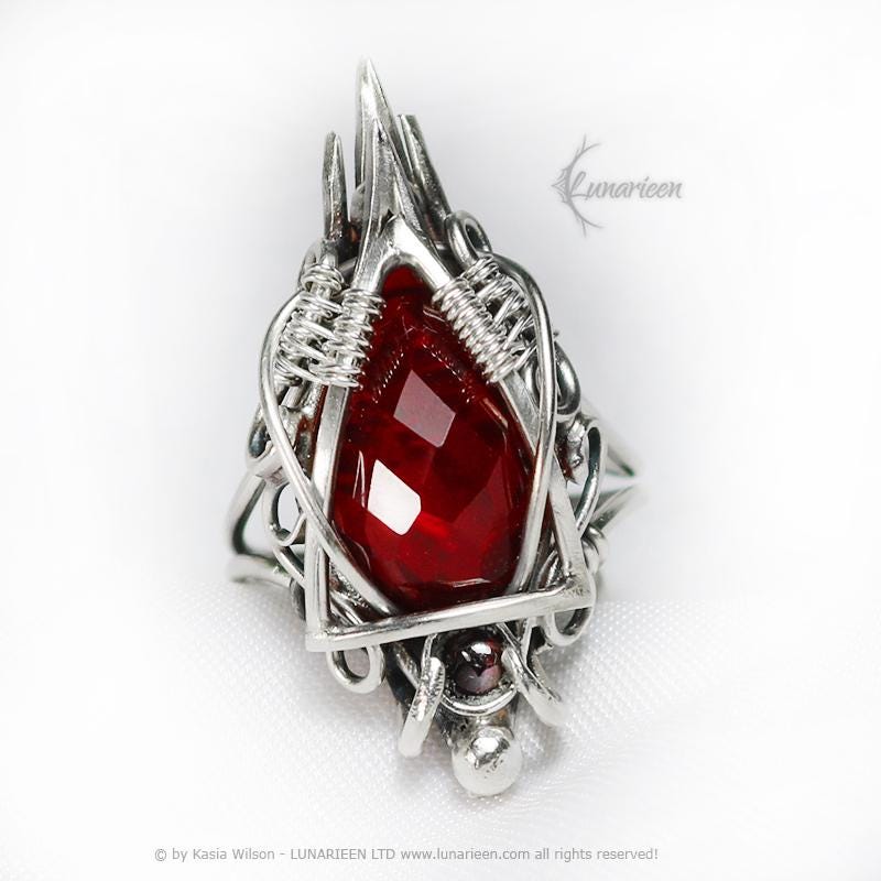 Handcrafted Sterling Silver large Gothic style Ring, Red Quartz, Garnet Witchy Vampire Alternative Jewellery