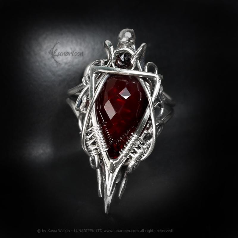 Handcrafted Sterling Silver large Gothic style Ring, Red Quartz, Garnet Witchy Vampire Alternative Jewellery