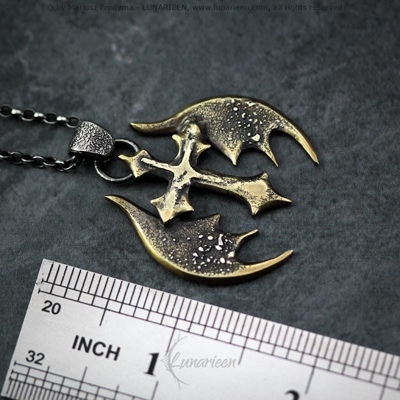 Gothic Brutalist Cross Pendant Handmade Melted Hammered Silver Brass Wings Design Fantasy Statement Jewelry Unisex Unique Necklace Pendant