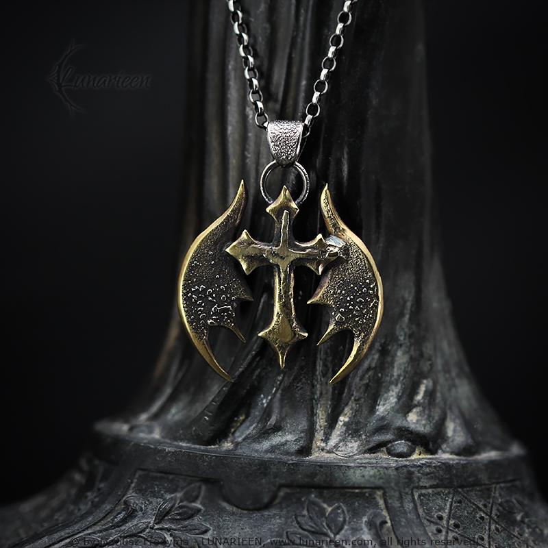 Gothic Brutalist Cross Pendant Handmade Melted Hammered Silver Brass Wings Design Fantasy Statement Jewelry Unisex Unique Necklace Pendant