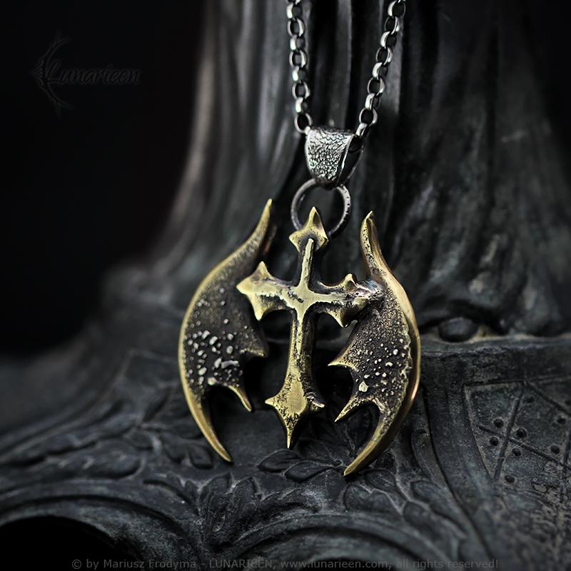 Gothic Brutalist Cross Pendant Handmade Melted Hammered Silver Brass Wings Design Fantasy Statement Jewelry Unisex Unique Necklace Pendant