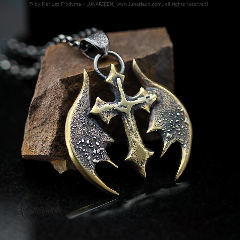 Gothic Brutalist Cross Pendant Handmade Melted Hammered Silver Brass Wings Design Fantasy Statement Jewelry Unisex Unique Necklace Pendant