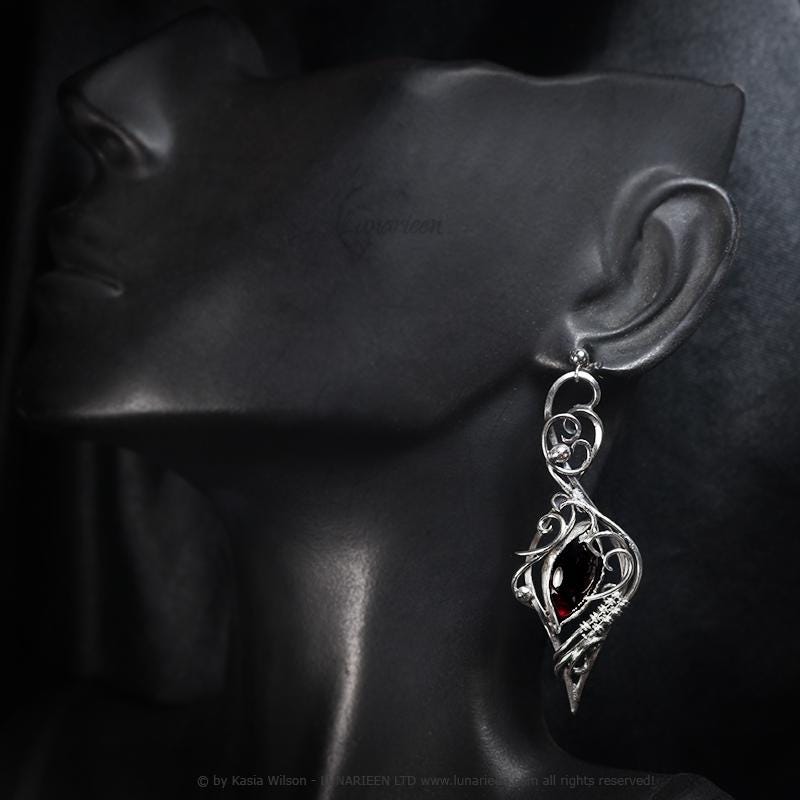 Sterling Silver Red Garnet earrings elven fantasy silver earrings alternative gothic witchy jewellery vampire style elven jewelry for goth