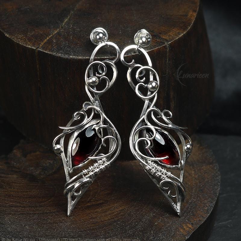 Sterling Silver Red Garnet earrings elven fantasy silver earrings alternative gothic witchy jewellery vampire style elven jewelry for goth