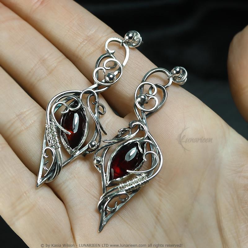 Sterling Silver Red Garnet earrings elven fantasy silver earrings alternative gothic witchy jewellery vampire style elven jewelry for goth