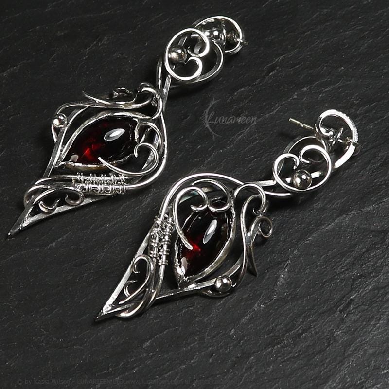 Sterling Silver Red Garnet earrings elven fantasy silver earrings alternative gothic witchy jewellery vampire style elven jewelry for goth