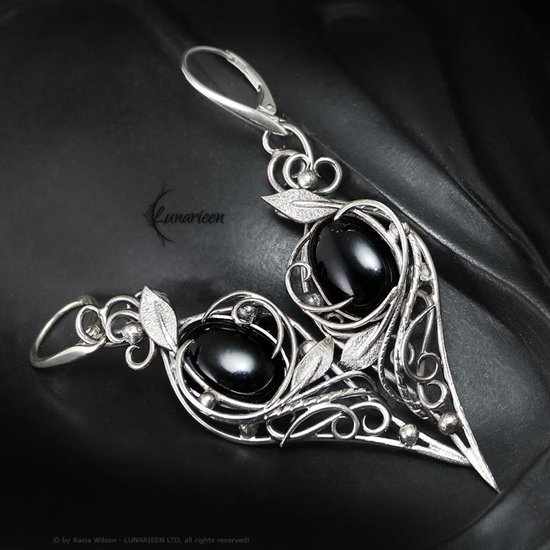 Sterling Silver Black Onyx floral earrings elven fantasy artisan alternative gothic witchy jewellery vampire style jewelry for goth