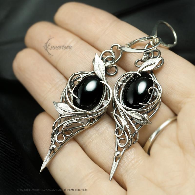 Sterling Silver Black Onyx floral earrings elven fantasy artisan alternative gothic witchy jewellery vampire style jewelry for goth
