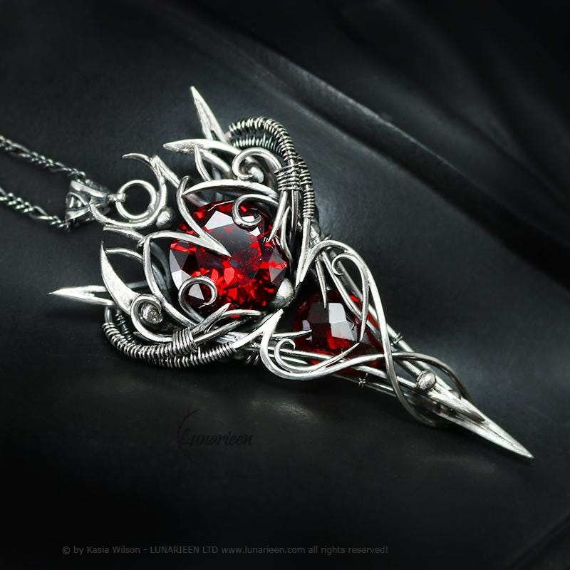 Sterling Silver Wire wrapped pendant gothic alternative jewelry Garnet Red Cubic Zirconia necklace elvish witchy vampire dark elegance