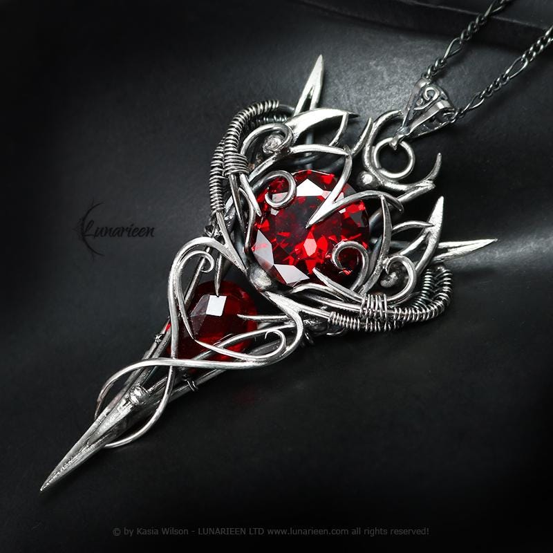 Sterling Silver Wire wrapped pendant gothic alternative jewelry Garnet Red Cubic Zirconia necklace elvish witchy vampire dark elegance