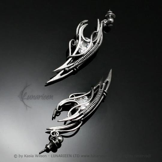 Sterling Silver Zirconia earrings, elven fantasy artisan earrings, alternative gothic witchy jewellery, vampire style, jewelry for goth