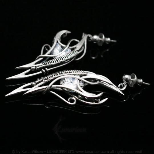 Sterling Silver Zirconia earrings, elven fantasy artisan earrings, alternative gothic witchy jewellery, vampire style, jewelry for goth