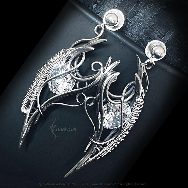 Sterling Silver Zirconia earrings, elven fantasy artisan earrings, alternative gothic witchy jewellery, vampire style, jewelry for goth
