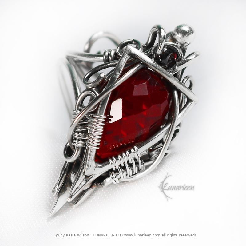 Handcrafted Sterling Silver large Gothic style Ring, Red Quartz, Garnet Witchy Vampire Alternative Jewellery